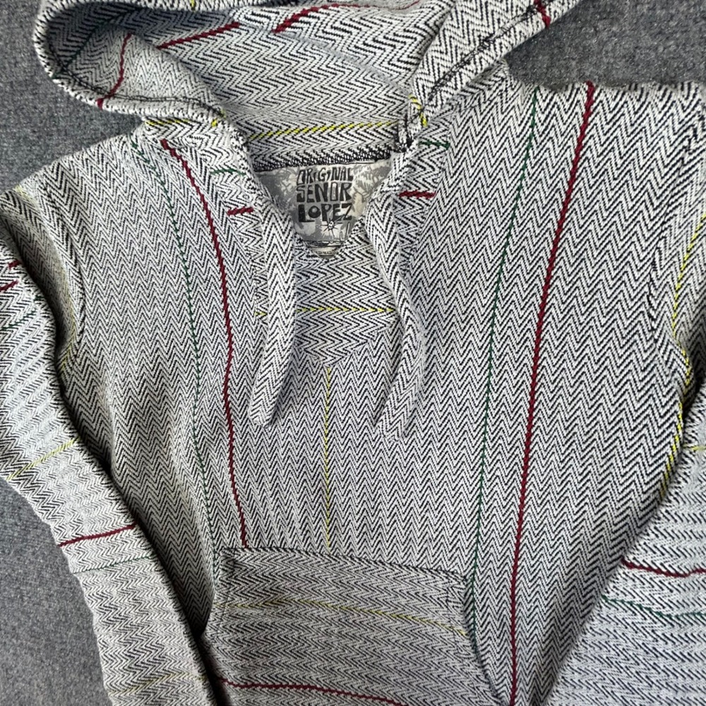 Original Senor Lopez Baja Hoodie Grey White Striped Woven Pullover Mens Medium - Picture 2 of 5